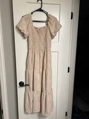 Puff Sleeve Smocked Maxi Dress in Light Beige